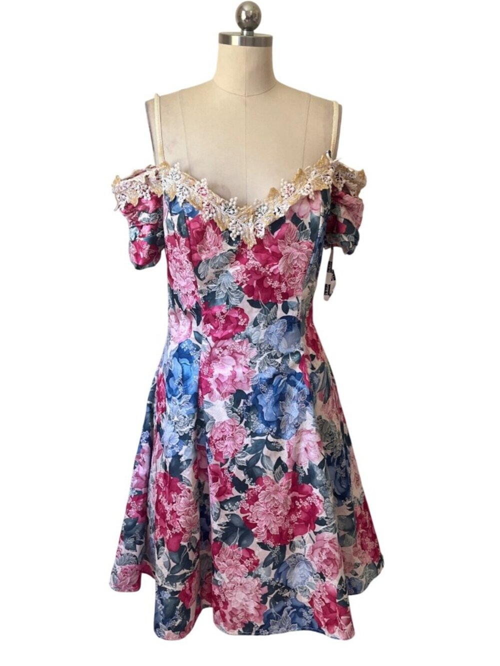 VTG 80s Floral Full Dress Womens 8 Chintz Lace  Cinched Waist Garden Tea Party